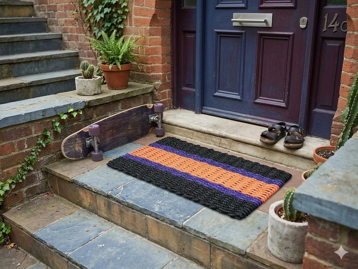 Lobster Rope Doormats of Florida 2 Black 2 Purple 1 Orange stripes