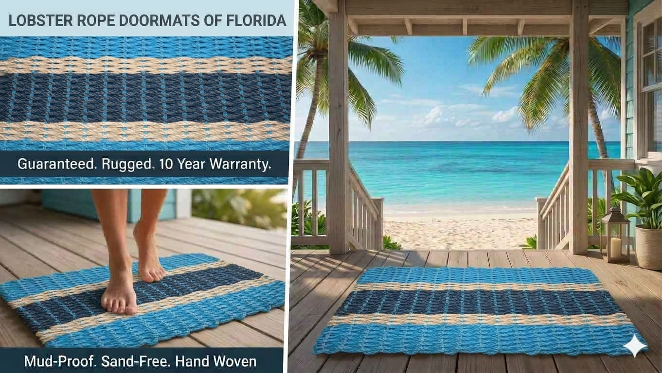 Lobster Rope Doormats of Florida in 2 Light Blue-2 Light Tan-1 Navy